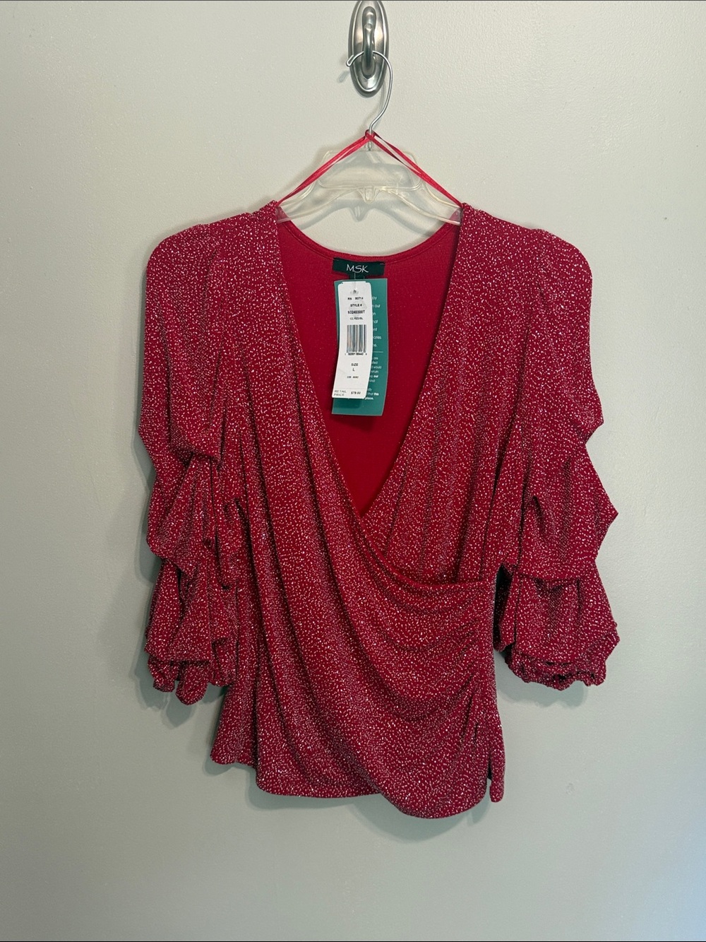MSK Raspberry Red Wrap Blouse with Ruffled Sleeves